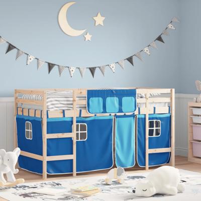 Kinderhoogslaper met gordijnen 90x190 cm grenenhout blauw
