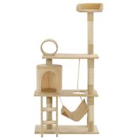 The Living Store Kattenkrabpaal - Hoogte 140 cm - Beige - Met hangmat - ladder - klimtouw en comfortabel huis - thumbnail