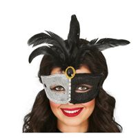 Verkleed oogmasker Venitiaans - zwart/zilver met veren - volwassenen - Carnaval/gemaskerd bal - thumbnail