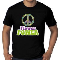 Grote Maten Jaren 60 Flower Power verkleed shirt zwart met groen en paars heren - thumbnail