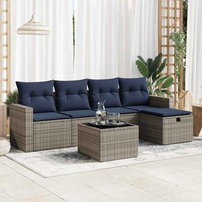 6-delige Loungeset met kussens poly rattan grijs