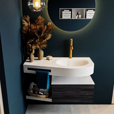 MONDIAZ RIVA 100cm badmeubel onderkast / planchet kleur Antracite met 1 lade. Wastafel DULCET rechts 1 kraangat kleur Talc. MONDIAZ RIVA 100cm badmeubel onderkast / planchet kleur Antracite met 1 lade. Wastafel DULCET rechts 1 kraangat kleur Talc.