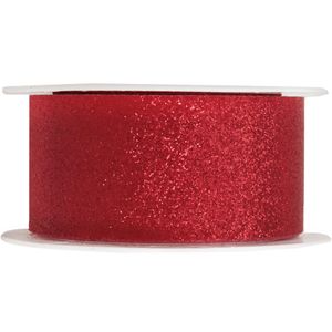 1x Rood satijnlint met glitters op rol 3 cm x 5 meter cadeaulint verpakkingsmateriaal   -