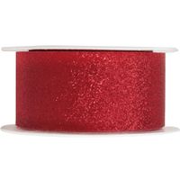 1x Rood satijnlint met glitters op rol 3 cm x 5 meter cadeaulint verpakkingsmateriaal   -