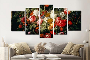 Karo-art Schilderij -Slinger van Bloemen en fruit,    5 luik, 2 maten, Premium print
