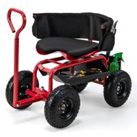 Tuinwagen met Rolzitting en Uittrekbare Handgreep Mobiele Tuinstoel met Opbergruimte Mand en Gereedschapstas en Zitkussen Rood