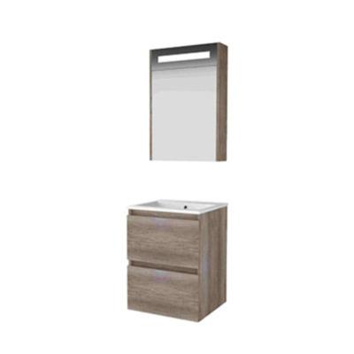 Basic-Line Premium 46 Badkamermeubelset - 50 x 46 cm - Greeploos - 2 Lades - Keramische Wastafel - 1 Kraangat - Spiegelkast met LED Verlichting - Scotch Oak