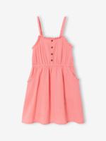 Jurkje met schouderbandjes van katoenen gaas voor meisjes koraal