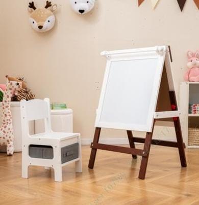 Kinderen Dubbelzijdige Ezel met Stoel in Hoogte Verstelbare Staande Ezel met Krijtbord en Whiteboard Bruin + Wit