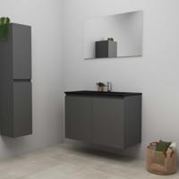 On-Line Badkamermeubelset - 100 cm - Bouwpakket - Greeploze Ladestructuur - Acryl Wastafel - 1 Kraangat - Spiegel - Mat Antraciet
