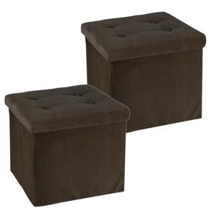 Poef/hocker/krukje - 2x - opbergbox - donkerbruin - fluweel polyester - 38 x 38 cm - opvouwbaar