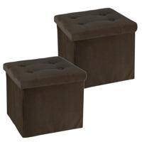 Poef/hocker/krukje - 2x - opbergbox - donkerbruin - fluweel polyester - 38 x 38 cm - opvouwbaar - thumbnail