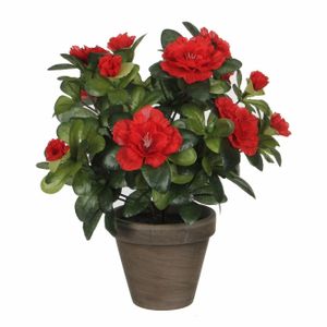 Groene Azalea kunstplant met rode bloemen 27 cm met pot stan grey   -