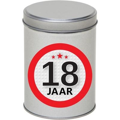 Cadeau Snoepblik - 18 jaar verjaardag - 9 x 13 cm - Cadeauverpakking- metaal - met leeftijd sticker