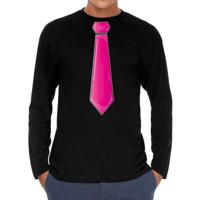 Verkleed shirt voor heren - stropdas roze - zwart - carnaval - foute party - longsleeve