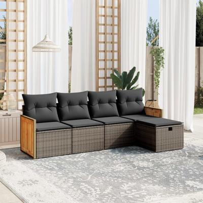 5-delige Loungeset met kussens poly rattan grijs