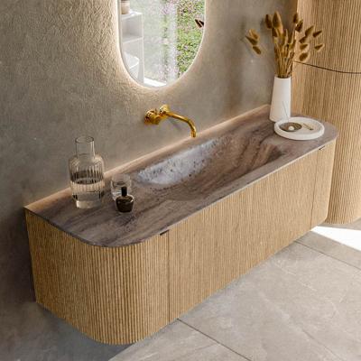 Badmeubel Mondiaz Kurve-Dlux | 140 cm | Meubelkleur Oak | Wastafelkleur Oza | Solid surface | Wasbak midden spoelbak | Zonder kraangat(en)