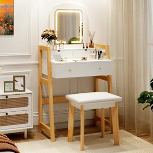 Houten Make-uptafel met Kruk & Spiegel & 3 Lades Kaptafel 64 x 41 x 137 cm Wit