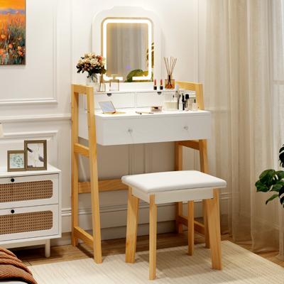 Houten Make-uptafel met Kruk & Spiegel & 3 Lades Kaptafel 64 x 41 x 137 cm Wit