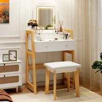 Houten Make-uptafel met Kruk & Spiegel & 3 Lades Kaptafel 64 x 41 x 137 cm Wit