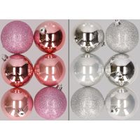 12x stuks kunststof kerstballen mix van roze en zilver 8 cm   -