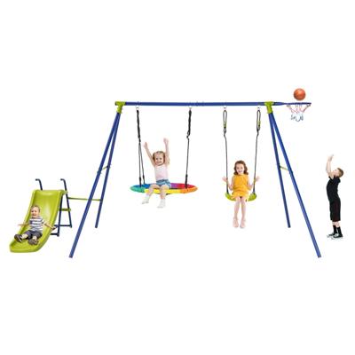4-In-1 Schommelset Schommelframe met Schommel Glijbaan en Basketbalmand Schommelrek Tuinschommel voor Binnenplaats