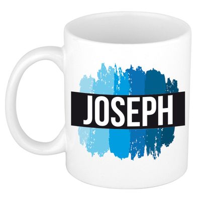 Naam cadeau mok / beker Joseph met blauwe verfstrepen 300 ml