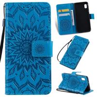 Gedrukt afdrukken zonnebloem patroon horizontale Flip PU lederen case voor Galaxy A10e met houder & kaartsleuven & portemonnee & Lanyard (blauw)
