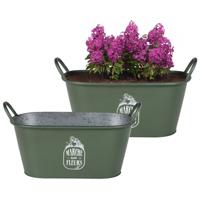 Plantenpot/bloempot teil voor buiten - 2x - zink - legergroen - L39 x B16 x H21 cm