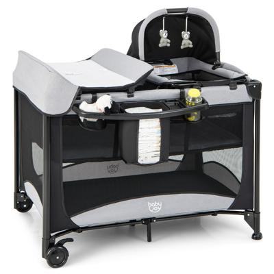 5 In 1 Draagbaar Kinderbed Opvouwbare Baby Speelbox met Wieg & Luier Verschoon Tafel Verwijderbare & Matras & Opbergmand Zwart