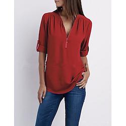 damesblouse overhemd rits basic effen dagelijks v-hals t-shirt mouw normaal zomer wit zwart roze grijs donkerblauw Lightinthebox