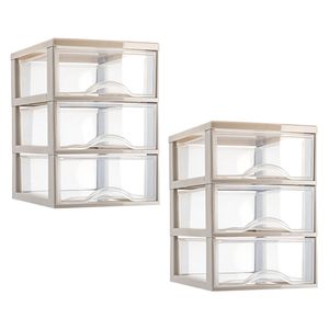 Ladeblokje/bureau organizer - 2x stuks - 3 lades - transparant/beige - L18 x B25 x H25 cm - plastic