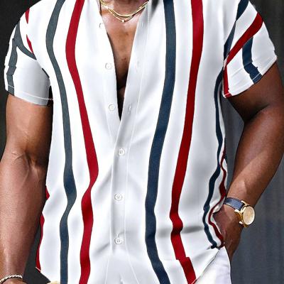 Bon&Bon Men's Navy Blue Striped Short Sleeve Casual Button-Up Shirt White / S