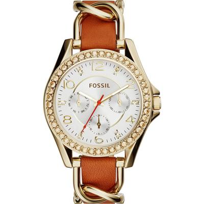 Fossil Dames ES3723 bruin lederen quartz horloge