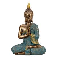 Boeddha beeld Shaman - binnen/buiten - kunststeen - goud/jade - 20 x 30 cm   - - thumbnail