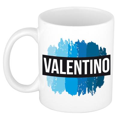 Valentino naam cadeau koffie mok - beker - met blauw verfstrepen - Cadeau collega - vaderdag