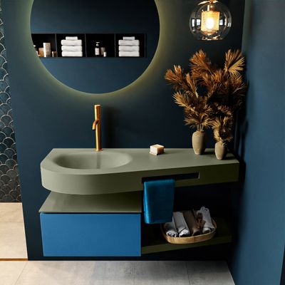 MONDIAZ RIVA 120cm badmeubel onderkast / planchet kleur Jeans met 1 lade. Wastafel DULCET links 1 kraangat kleur Army.