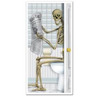 Halloween deurposter skelet op toilet - thumbnail