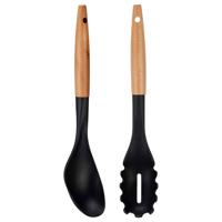 Kook/keuken gerei - set van 2x stuks - zwart/bruin - kunststof/hout - kook accessoires - Soeplepels