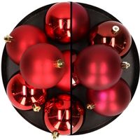 12x stuks kunststof kerstballen 8 cm mix van donkerrood en rood