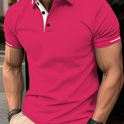 Bon&Bon Men's Short Sleeve Polo Shirt - Dusty Blue Color Block Golf Top Hot Pink / L