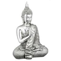Boeddha beeldje - poyresin - glimmend zilver - 17 cm - voor binnen/buiten   -