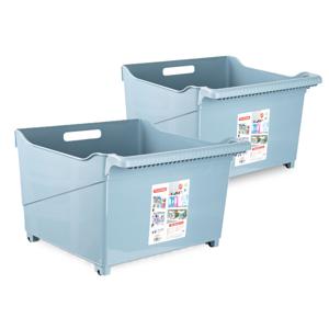 Opslag/opberg trolley container - 2x - ijsblauw - op wieltjes - L39 x B38 x H26 cm - kunststof