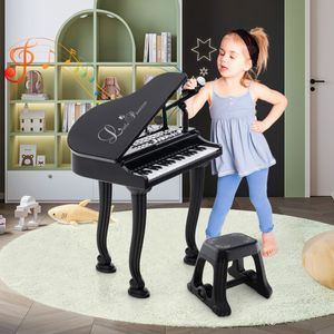 Kindertoetsenbord met 37 Toetsen en Kruk Elektronisch Pianotoetsenbord met Microfoon LED-Leer-Modus Opname- en Afspeelfunctie (Zwart)