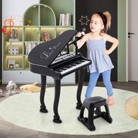 Kindertoetsenbord met 37 Toetsen en Kruk Elektronisch Pianotoetsenbord met Microfoon LED-Leer-Modus Opname- en Afspeelfunctie (Zwart)