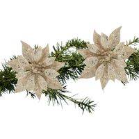 2x stuks kerstboom bloemen roos champagne glitter op clip 10 cm - thumbnail