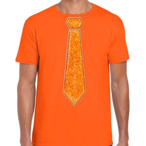 Verkleed t-shirt voor heren - stropdas glitter oranje - oranje - carnaval - foute party