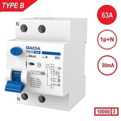 Aardlekschakelaar 1p+N 63A 30mA Type B 10 kA Gacia zonnepanelen en laadpalen