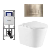 QeramiQ Dely Toiletset - 36.3x51.7cm - diepspoel - rimless - Geberit UP320 Burda inbouwreservoir - softclose toiletzitting - geborsteld messing bedieningsplaat - rechtehoekige knoppen - wit mat SW543432/0701131/SW706201