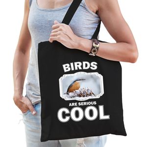 Katoenen tasje birds are serious cool zwart - vogels/ boomklever vogel cadeau tas